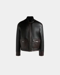 Bomberjacke Aus Schwarzem Leder Mit Shearling-Futter