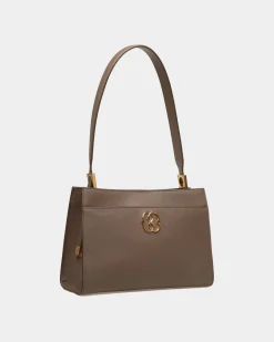 Emblem Schultertasche Aus Genarbtem Leder In Beige