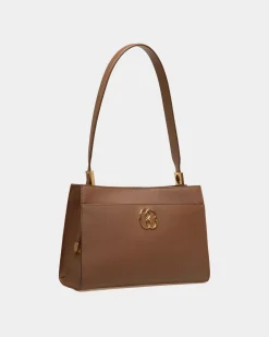 Emblem Schultertasche Aus Genarbtem Leder In Braun