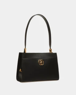 Emblem Schultertasche Aus Genarbtem Leder In Schwarz