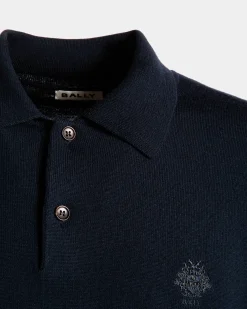 Langärmeliges Poloshirt Aus Wolle In Navy Blue Mit Bally Crest Logo