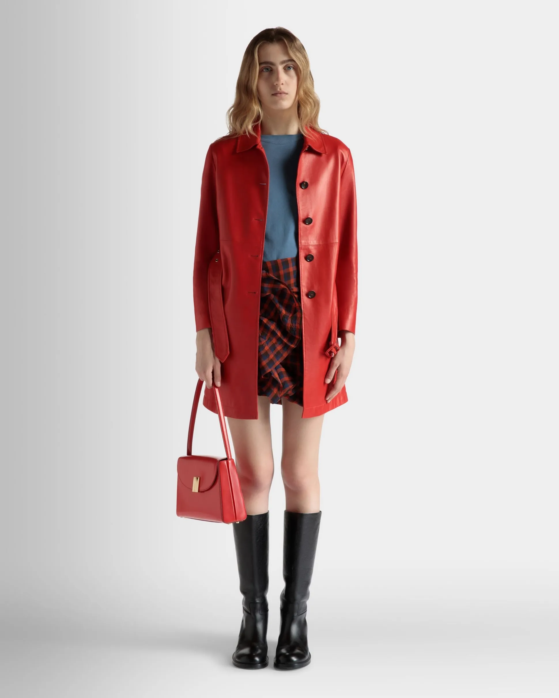 Midi-Mantel Mit Gürtel Aus Leder In Candy Red