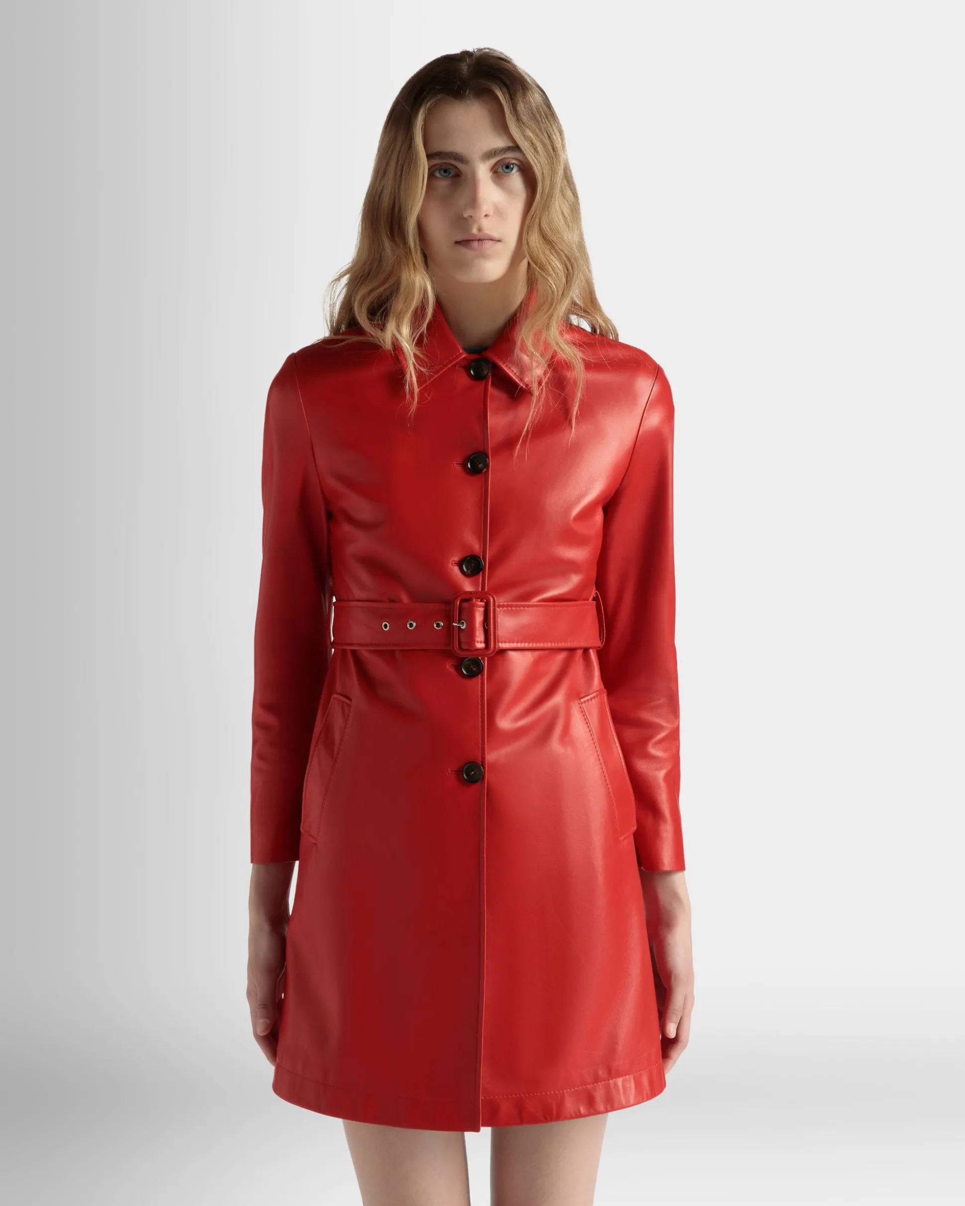 Midi-Mantel Mit Gürtel Aus Leder In Candy Red