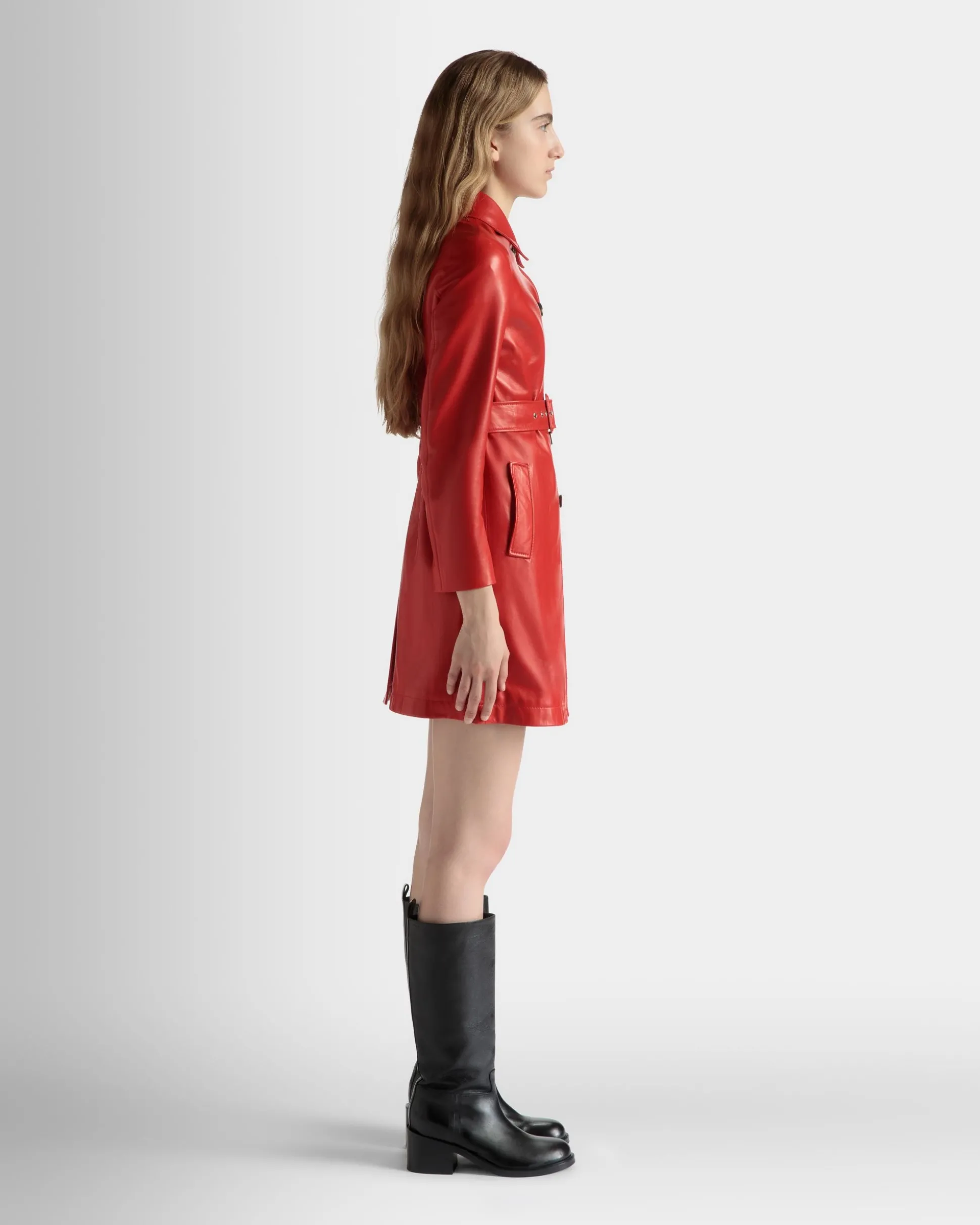 Midi-Mantel Mit Gürtel Aus Leder In Candy Red