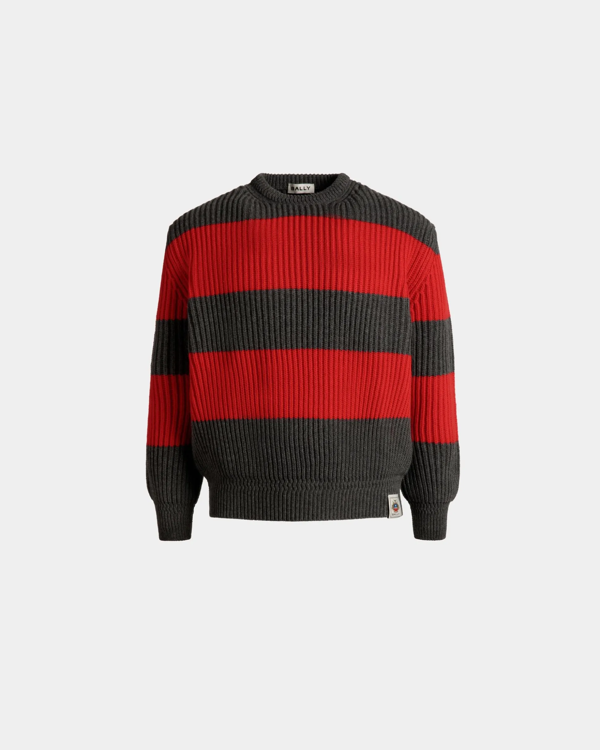 Rundhalspullover Aus Wolle In Candy Red Und Dunkelgrau Mit Bally Crest Logo