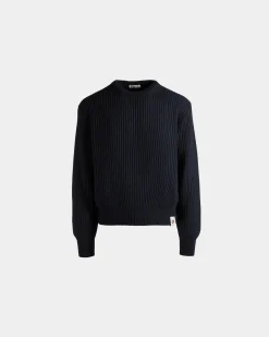 Rundhalspullover Aus Woll-Seiden-Mix In Navy Blue Mit Bally Crest Logo