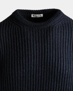 Rundhalspullover Aus Woll-Seiden-Mix In Navy Blue Mit Bally Crest Logo