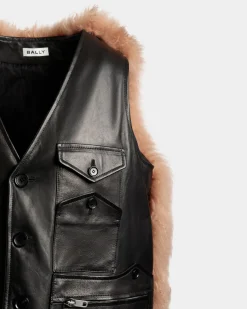 Weste Aus Schwarzem Leder Mit Shearling-Einsatz