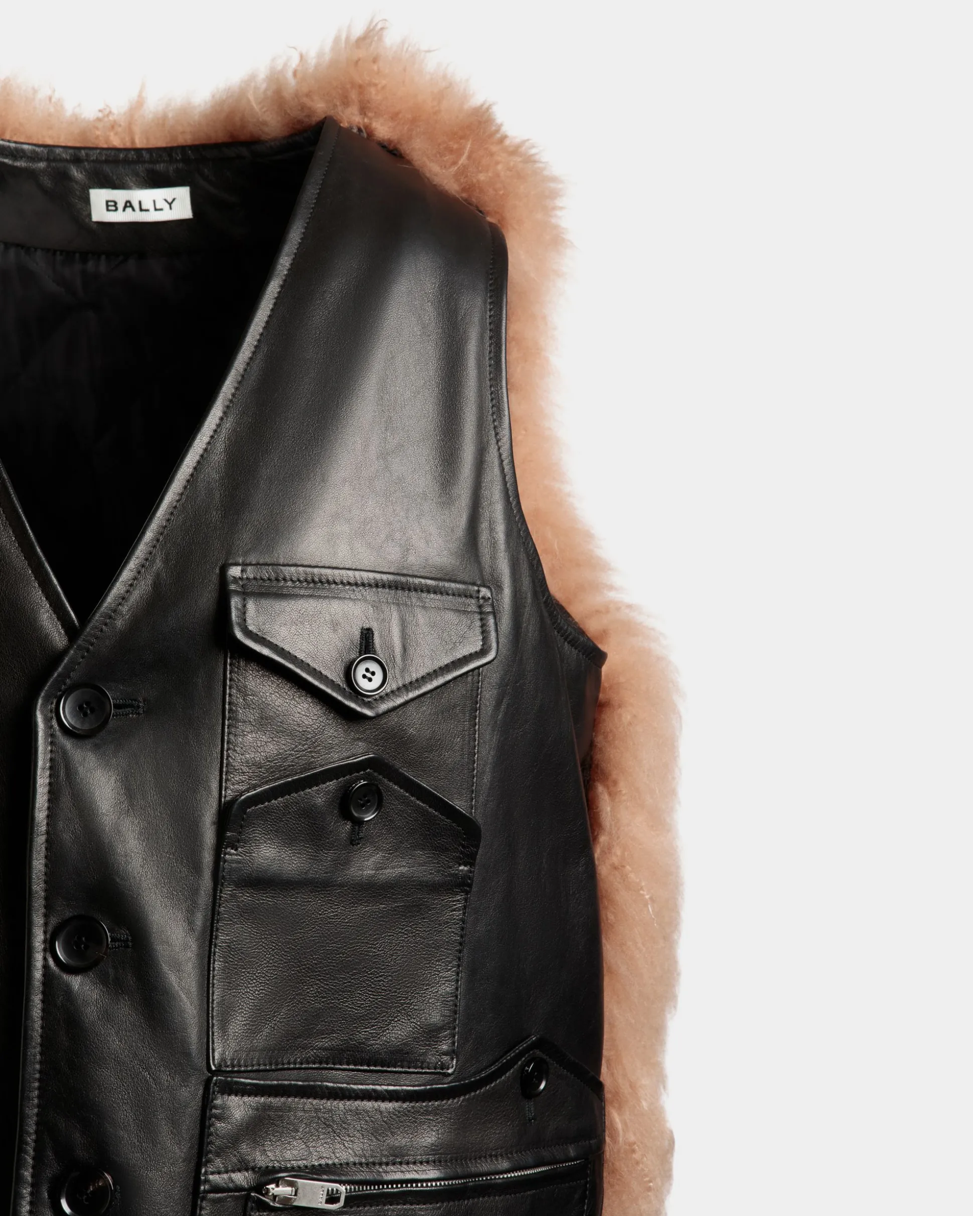 Weste Aus Schwarzem Leder Mit Shearling-Einsatz