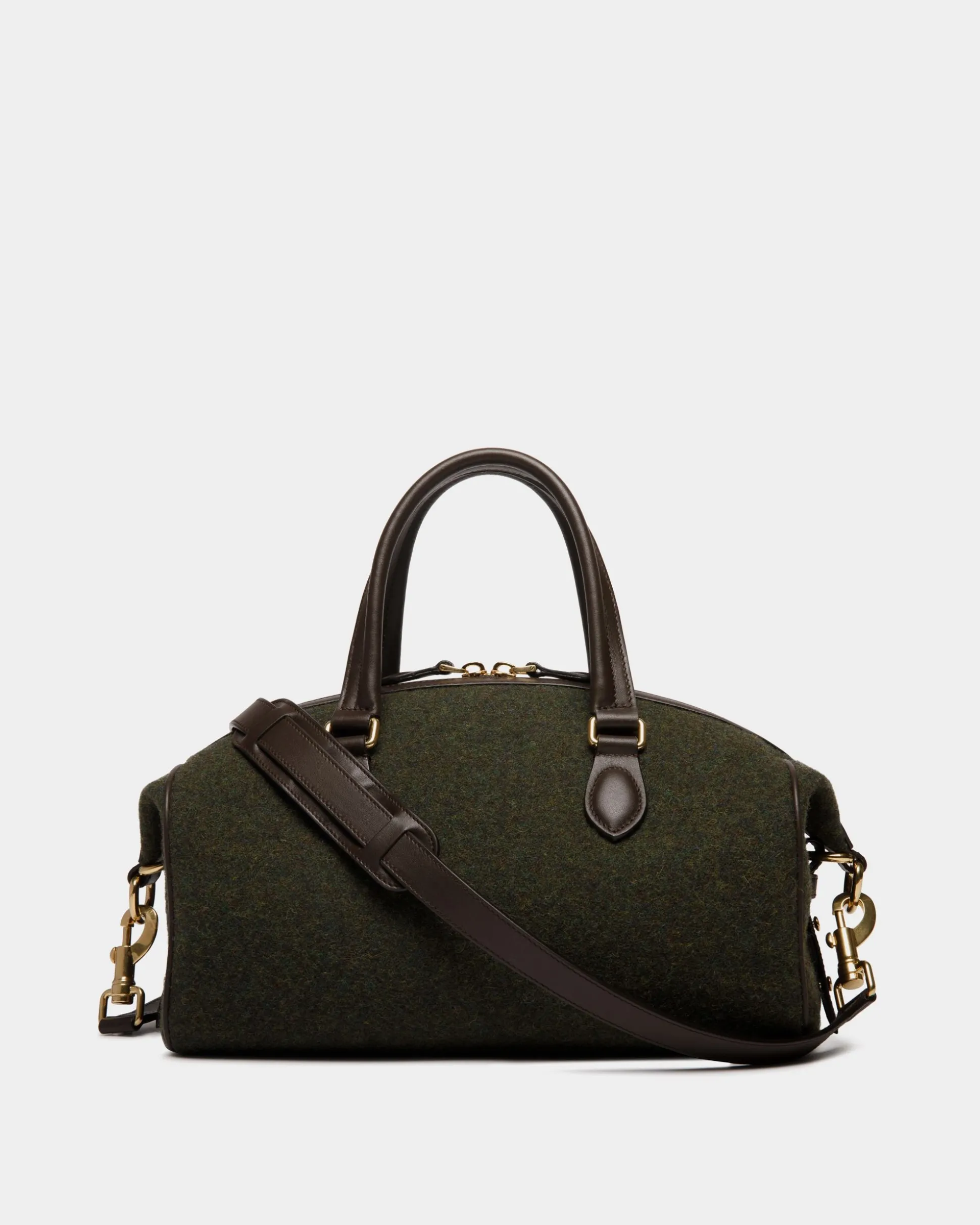 Winter Capsule Henkeltasche Aus Dunkelgrüner Wolle Und Leder In Ebenholzschwarz Mit Alpenblumen
