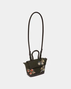 Winter Capsule Henkeltasche Aus Dunkelgrüner Wolle Und Leder In Ebenholzschwarz Mit Alpenblumen