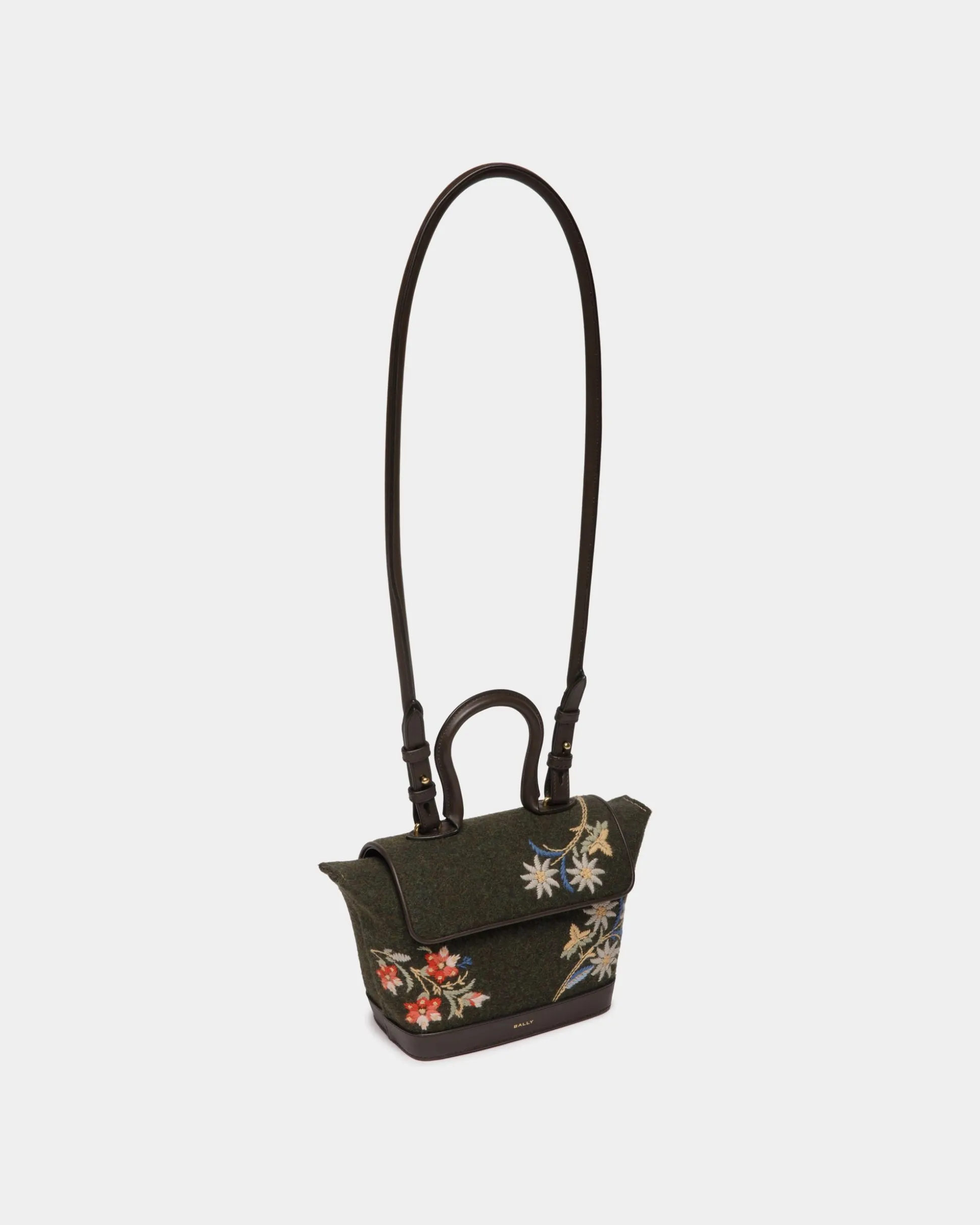 Winter Capsule Henkeltasche Aus Dunkelgrüner Wolle Und Leder In Ebenholzschwarz Mit Alpenblumen