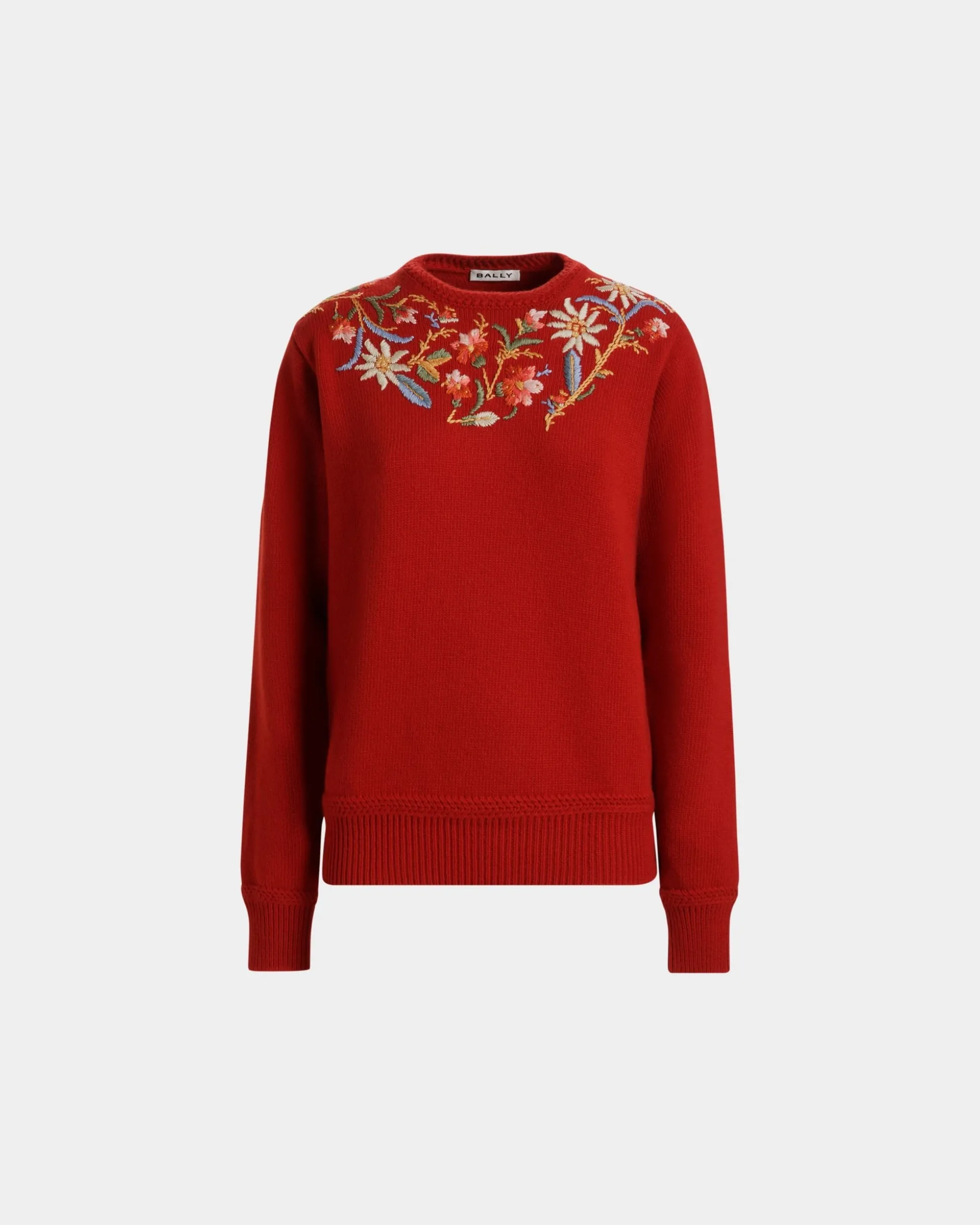 Winter Capsule Pullover Mit Rundhalsausschnitt Und Alpenblumen Aus Roter Wolle