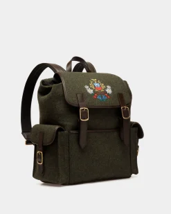 Winter Capsule Rucksack Aus Wolle In Dunkelgrün Und Aus Leder In Ebenholzschwarz Mit Alpenblumen