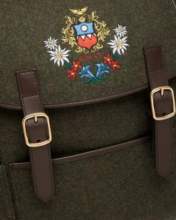Winter Capsule Rucksack Aus Wolle In Dunkelgrün Und Aus Leder In Ebenholzschwarz Mit Alpenblumen
